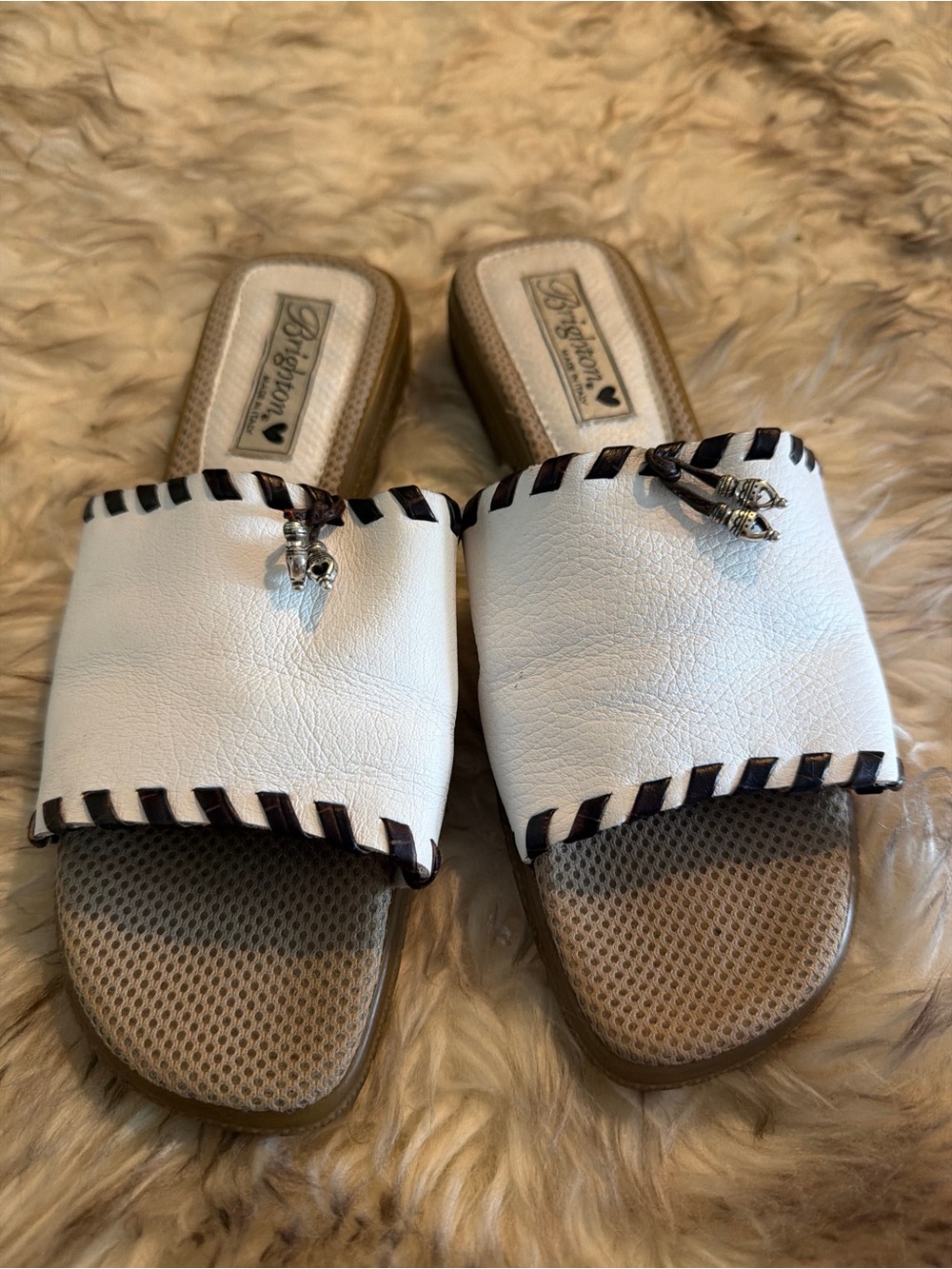 Brighton White Leather Slide Sandals with Brown Trim - Picture 4 of 9